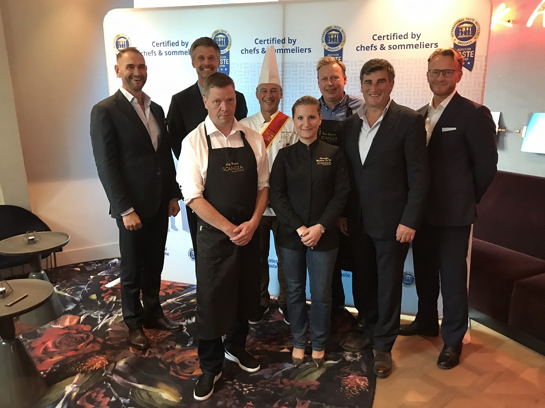 From the left: Stig Sunde, Co-founder Scandza, Eric de Spoelberch, Managing Director International Taste Institute, Alan Coxon, Jury Member International Taste Institute, Rune Rædergård, Synnøve Finden, Karl Kristian Sunde, Partner Scandza, Leif Hansen, Bisca, Alexandra Maubant de Ita, Master Chef Scandza and Jan Bodd, Co-founder Scandza at The SUPERIOR TASTE AWARD Ceremony that was held in Oslo on September 3.